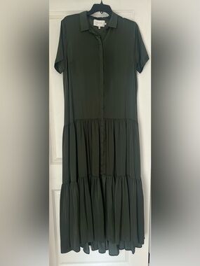 Button-Front Tiered A-Line Midi Dress in Olive Green by Munthe